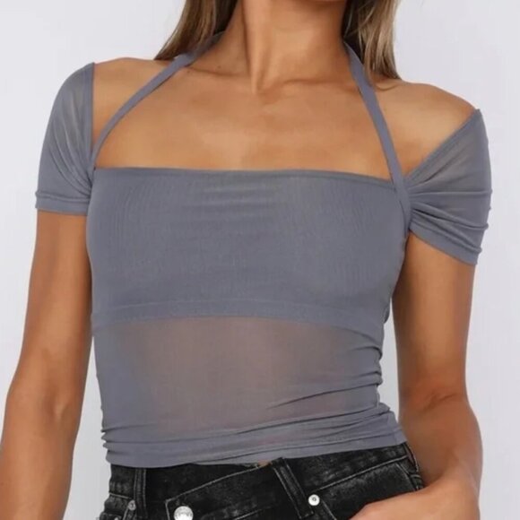 White Fox Boutique Tops - White Fox Without A Doubt Mesh Halter Top Steel Blue / Gray XS